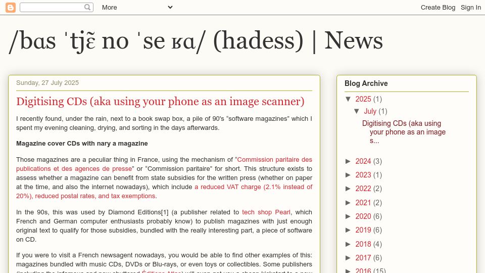 Screenshot of hadess.net: Digitising CDs (a.k.a. using your phone as an image scanner)