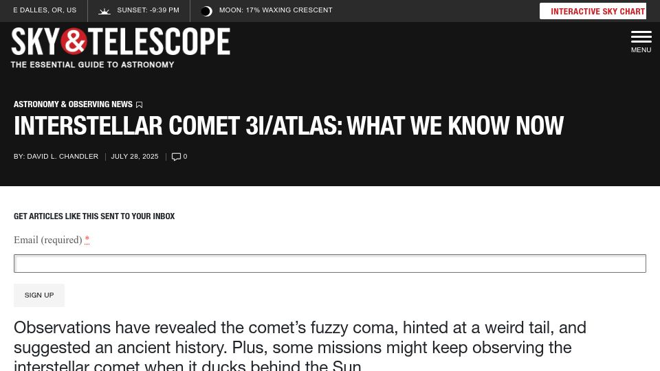 Screenshot of skyandtelescope.org: Interstellar Comet 3I/Atlas: What We Know Now