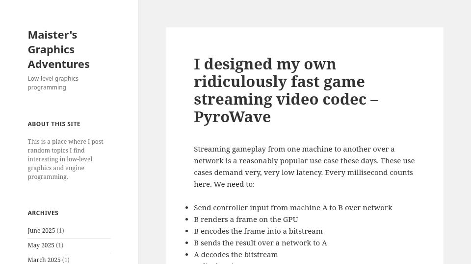 Screenshot of themaister.net: I designed my own fast game streaming video codec – PyroWave