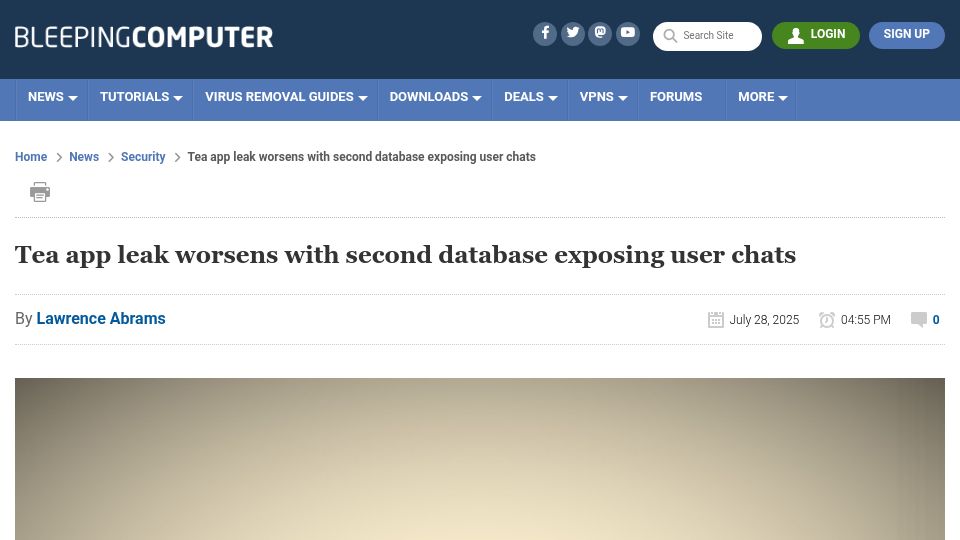 Screenshot of bleepingcomputer.com: Tea app leak worsens with second database exposing user chats