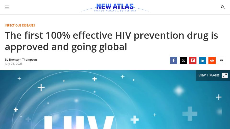 Screenshot of newatlas.com: FDA has approved Yeztugo, a drug that provides protection against HIV infection