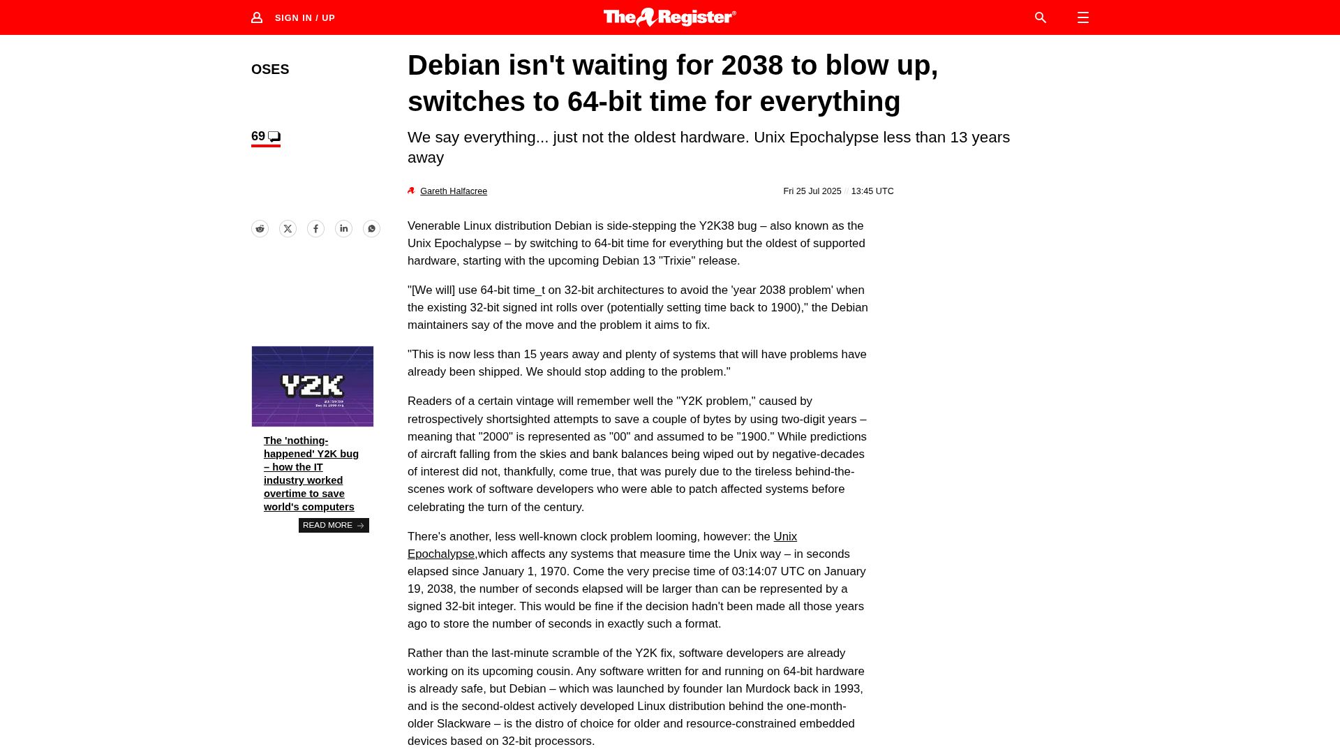 Screenshot of theregister.com: Debian switches to 64-bit time for everything