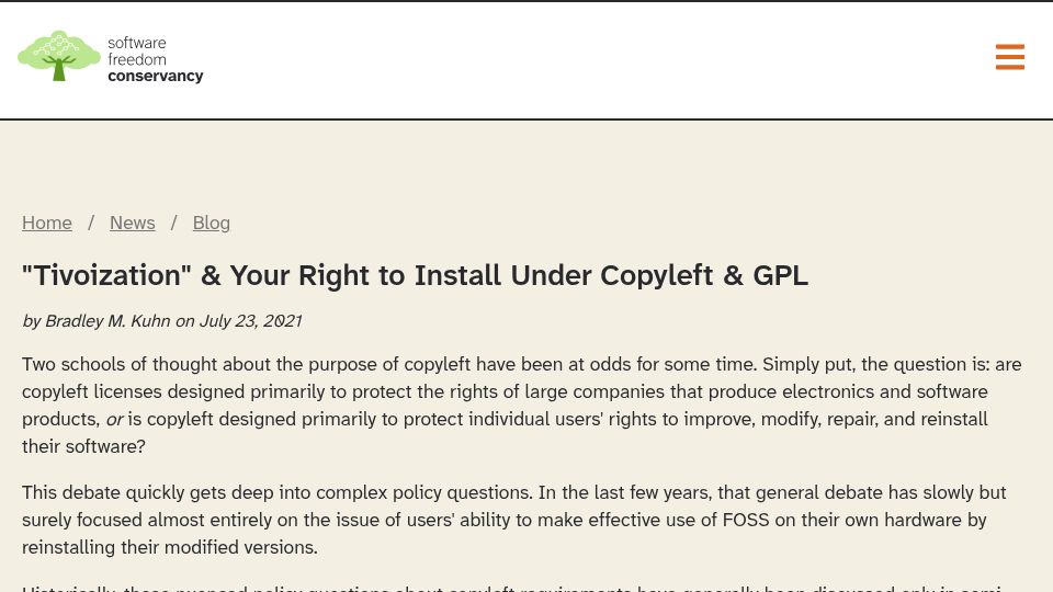 Screenshot of sfconservancy.org: “Tivoization” and your right to install under Copyleft and GPL (2021)