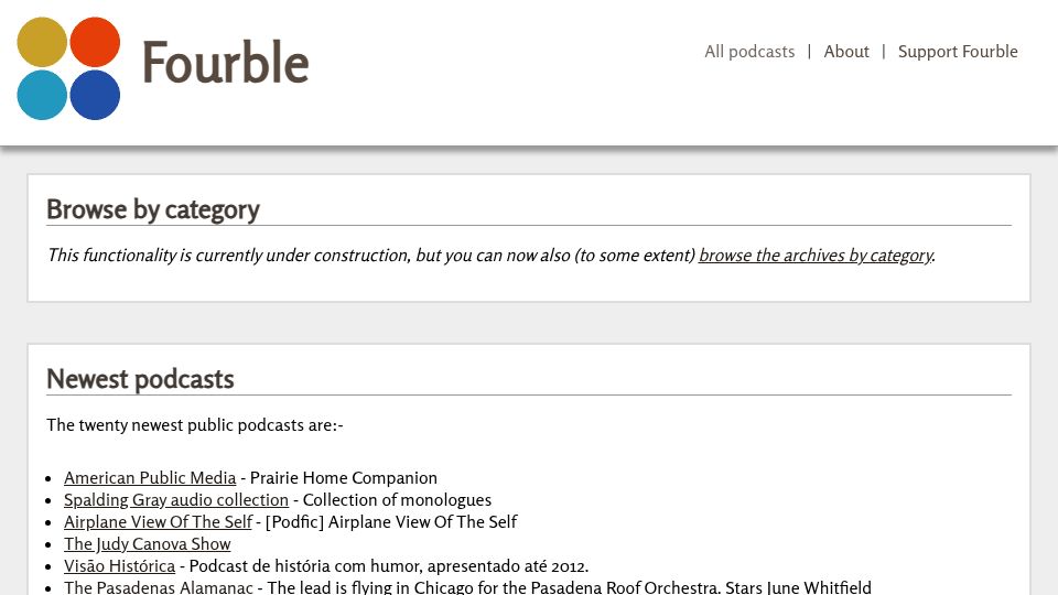 Screenshot of fourble.co.uk: Fourble turns lists of MP3 files hosted anywhere into podcasts