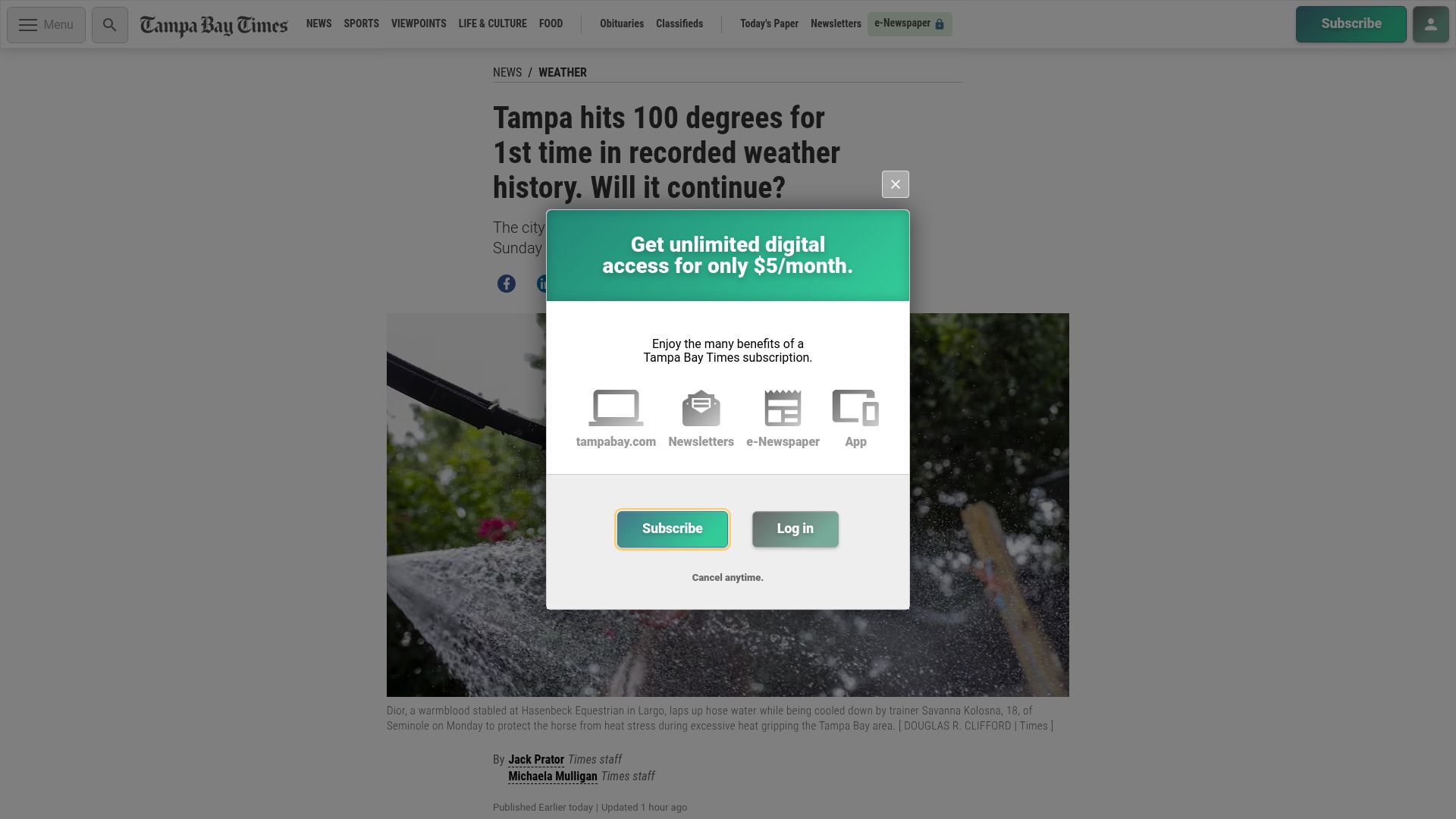 Screenshot of tampabay.com: Tampa FL hits 100 degrees for first time in recorded weather history