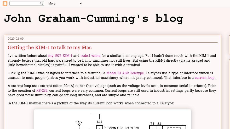 Screenshot of blog.jgc.org: Getting the KIM-1 to talk to my Mac
