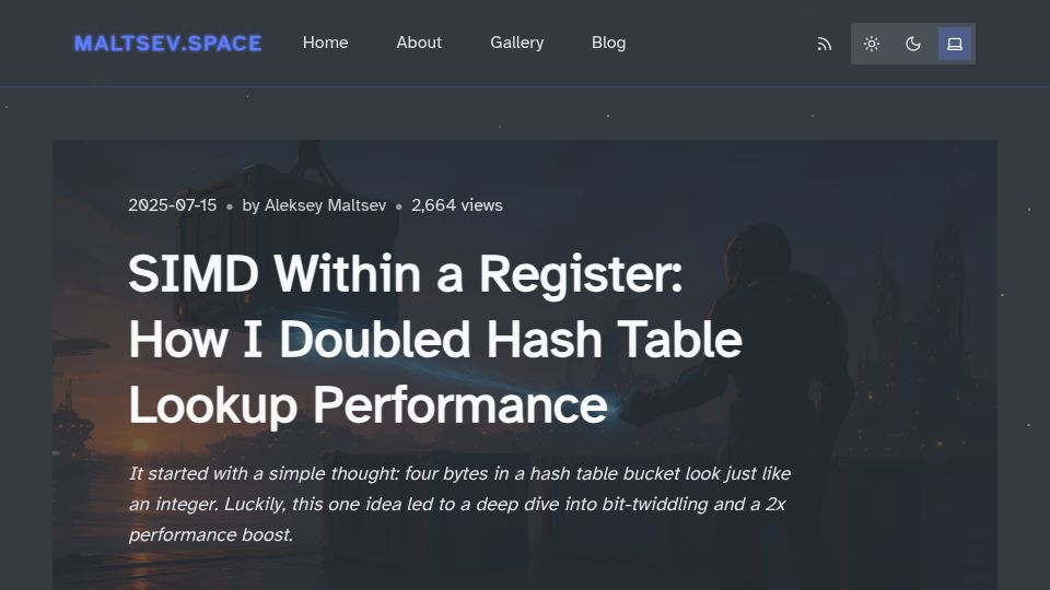 Screenshot of maltsev.space: SIMD within a register: How I doubled hash table lookup performance