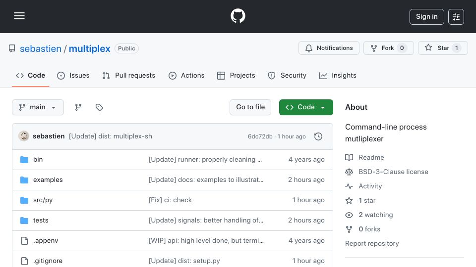 Screenshot of github.com: Multiplex: Command-Line Process Mutliplexer