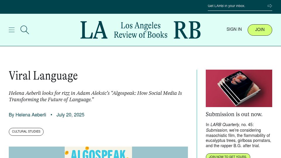 Screenshot of lareviewofbooks.org: Viral Language