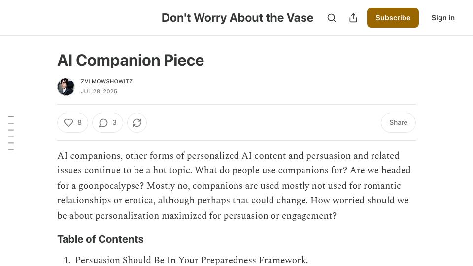 Screenshot of thezvi.substack.com: AI Companion Piece