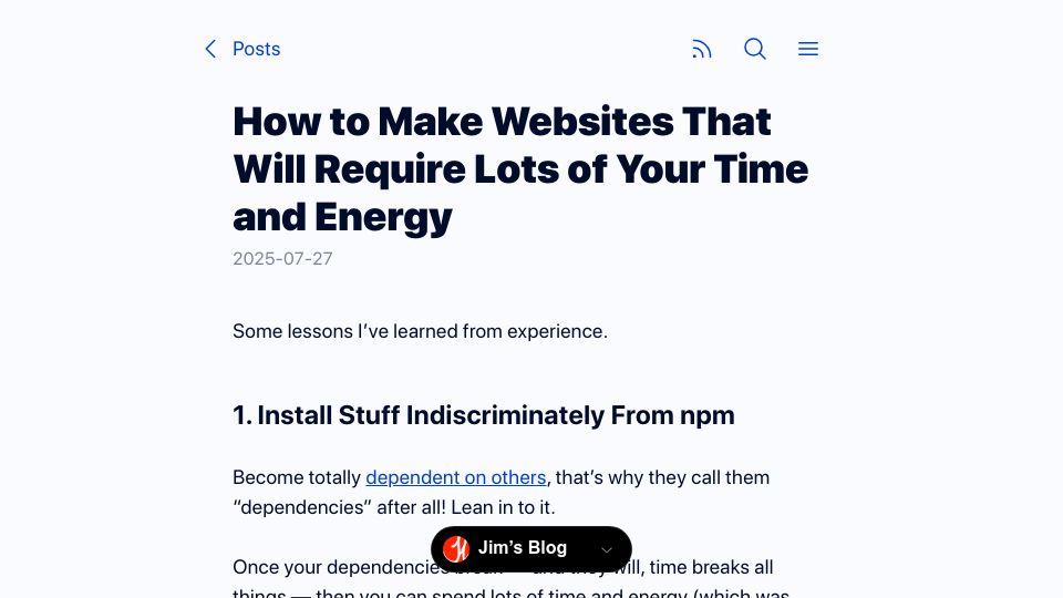 Screenshot of blog.jim-nielsen.com: How to make websites that will require lots of your time and energy
