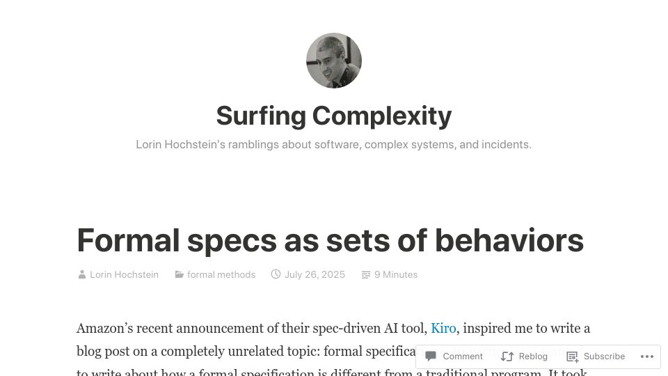 Screenshot of surfingcomplexity.blog: Formal specs as sets of behaviors