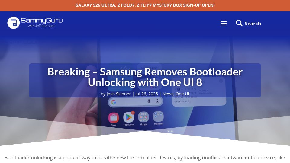 Screenshot of sammyguru.com: Samsung Removes Bootloader Unlocking with One UI 8