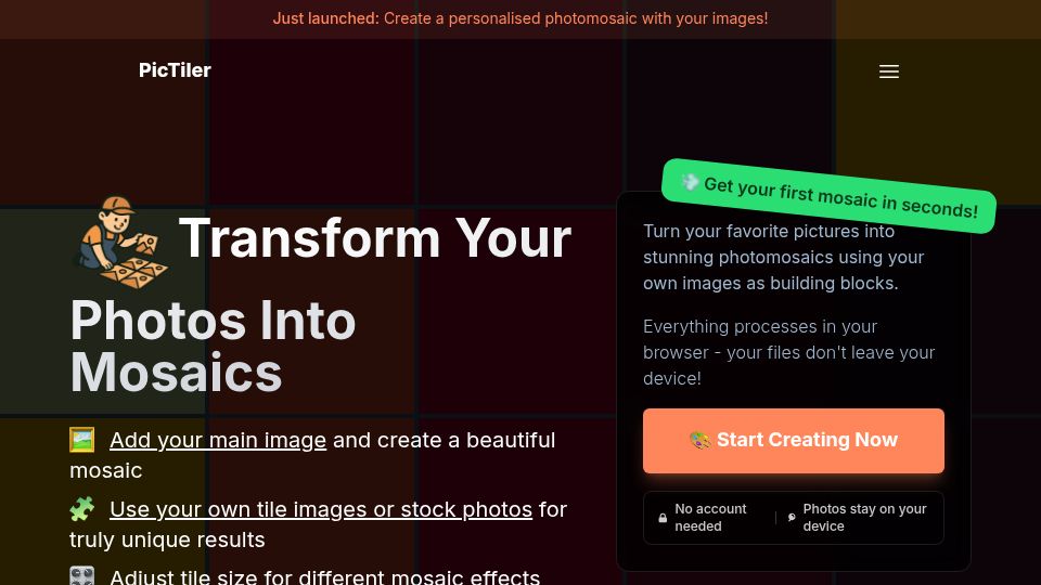 Screenshot of pictiler.com: Show HN: I made a tool to generate photomosaics with your pictures