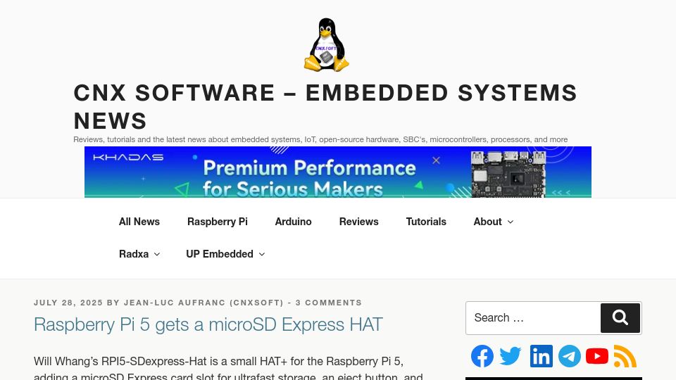 Screenshot of cnx-software.com: Raspberry Pi 5 Gets a MicroSD Express Hat
