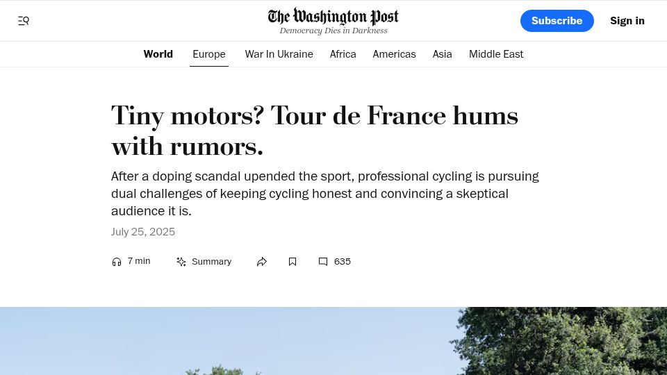 Screenshot of washingtonpost.com: Tour de France confronts a new threat: Are cyclists using tiny motors?