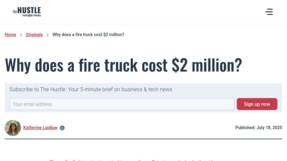 Screenshot of thehustle.co: Why does a fire truck cost $2m