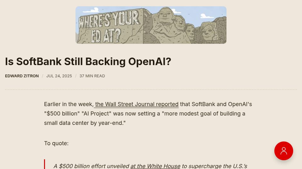 Screenshot of wheresyoured.at: Is SoftBank still backing OpenAI?