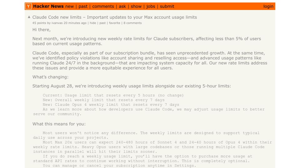 Screenshot of Hacker News post: Claude Code new limits – Important updates to your Max account usage limits