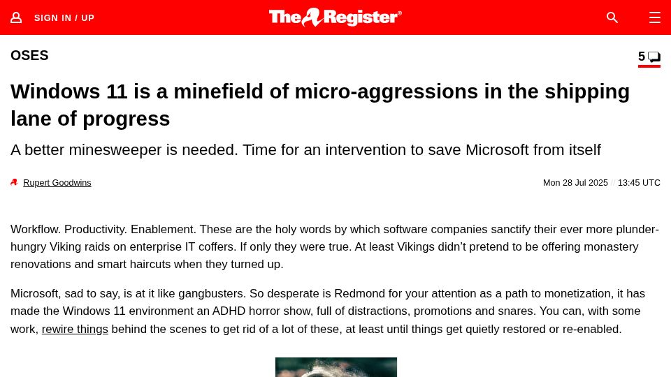 Screenshot of theregister.com: Windows 11 is a minefield of micro-aggressions in the shipping lane of progressl