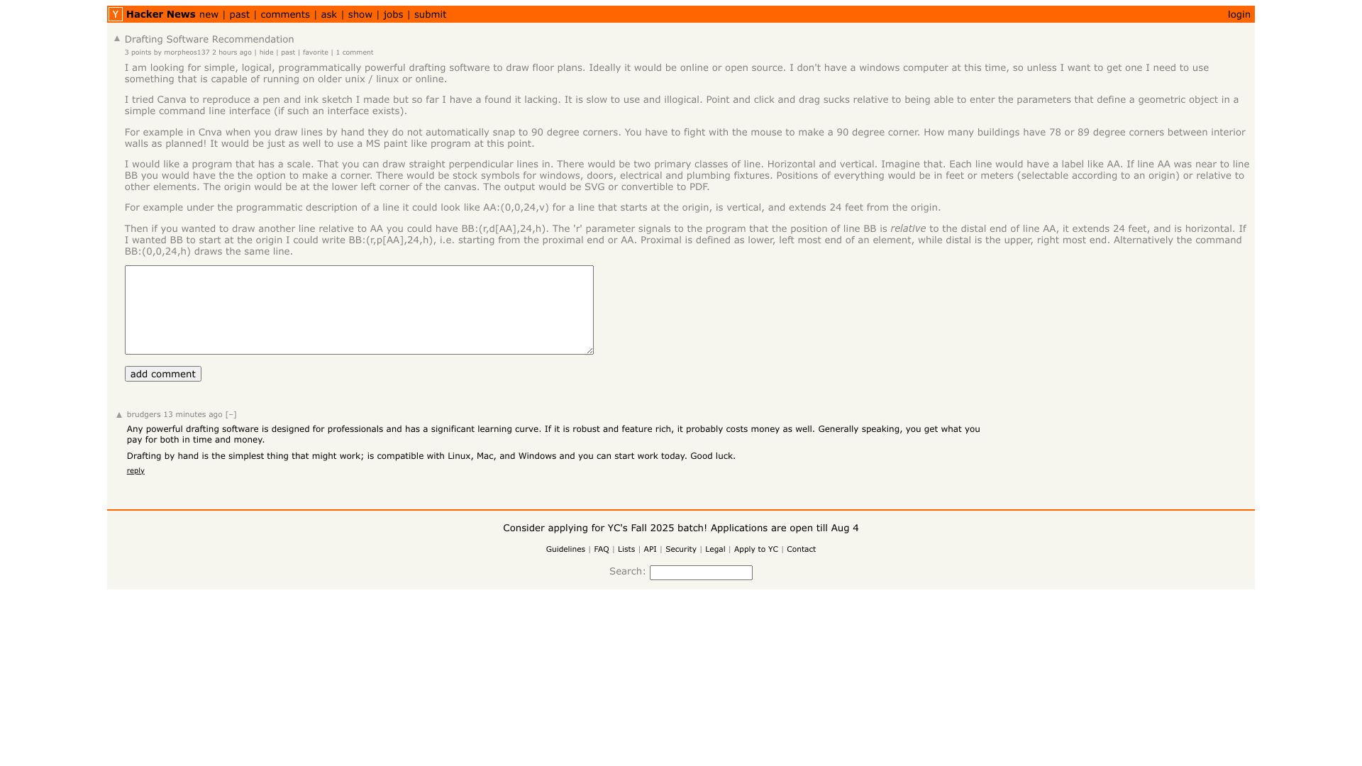 Screenshot of this Hacker News post: Drafting Software Recommendation