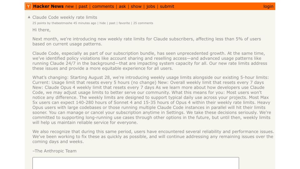 Screenshot of Hacker News post: Claude Code weekly rate limits