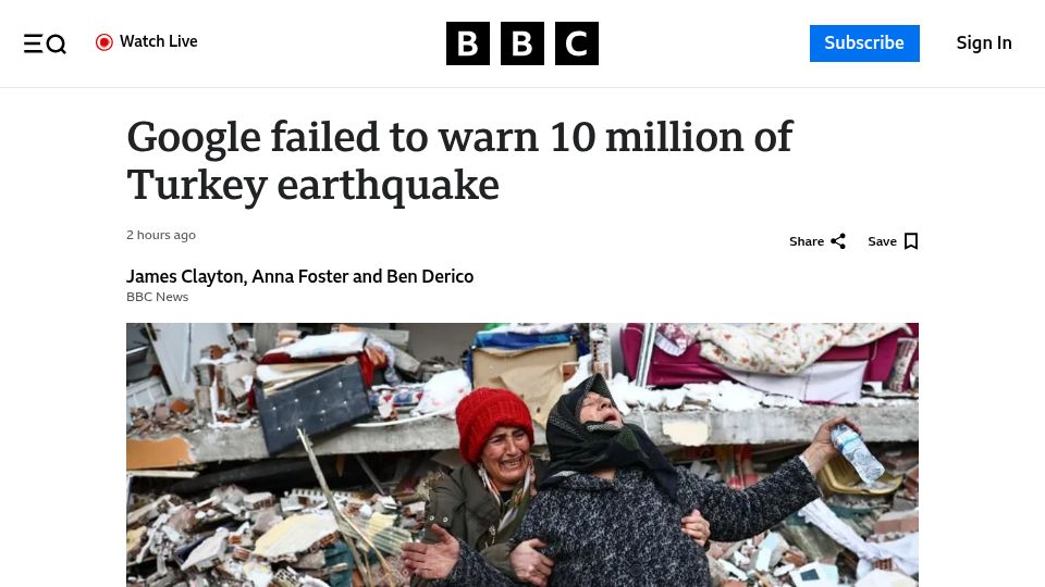 Screenshot of bbc.com: Google failed to warn 10M of Turkey earthquake