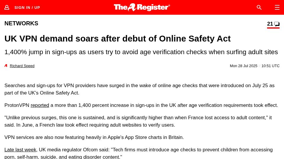 Screenshot of theregister.com: UK VPN demand soars after debut of Online Safety Act