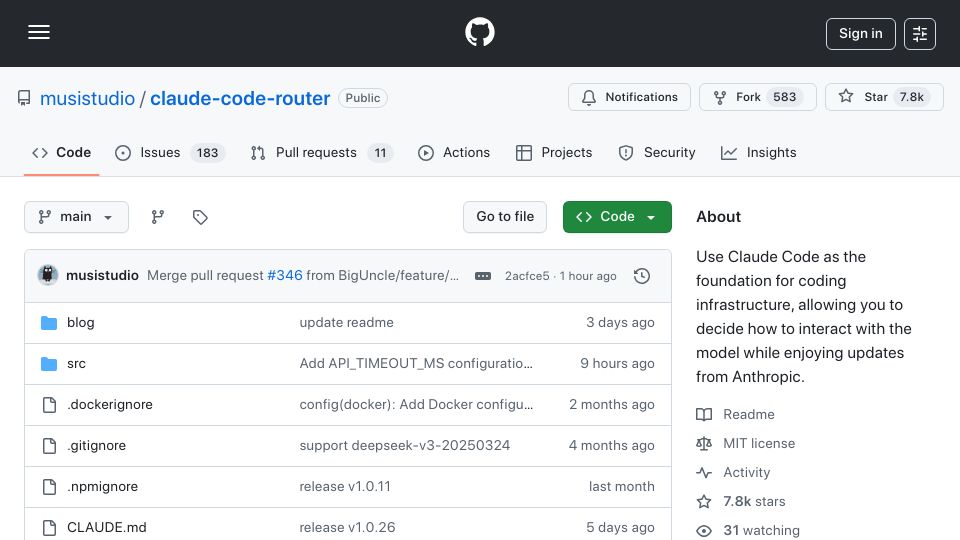 Screenshot of github.com: Claude Code Router