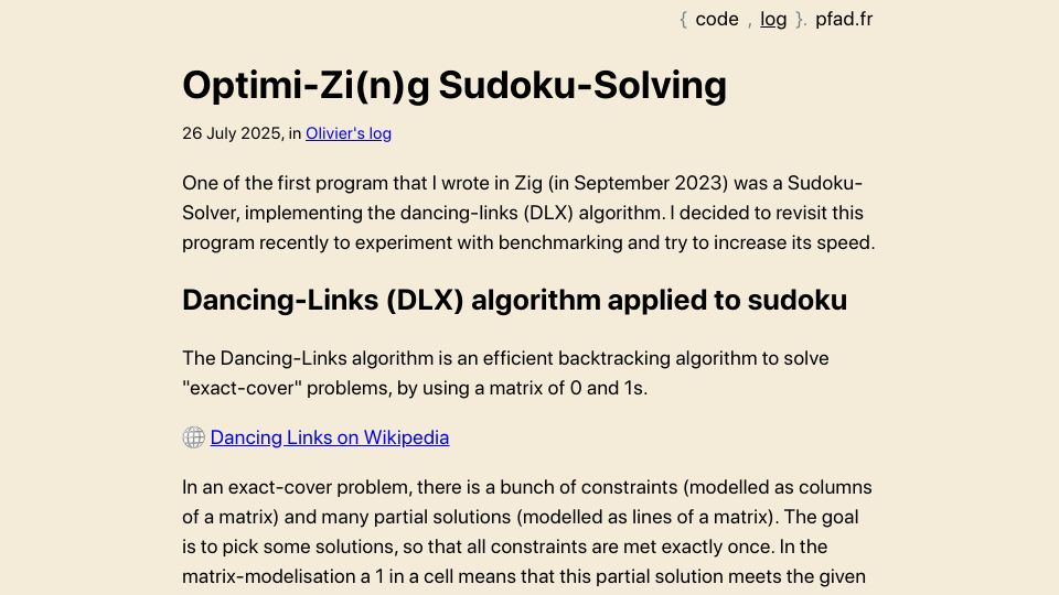 Screenshot of log.pfad.fr: Optimi-Zi(n)g Sudoku-Solving