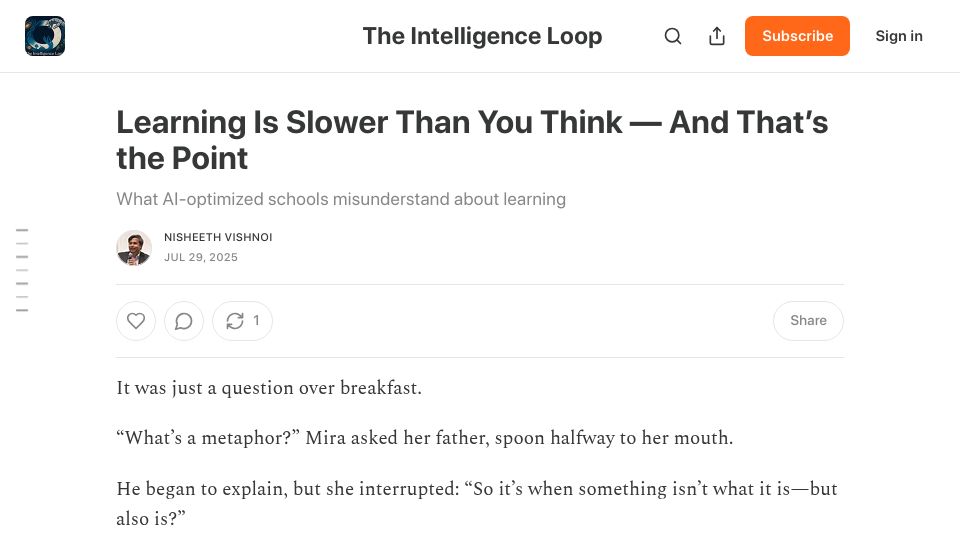 Screenshot of nisheethvishnoi.substack.com: Learning Is Slower Than You Think