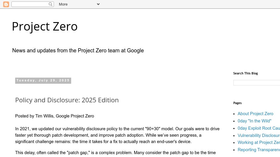 Screenshot of googleprojectzero.blogspot.com: Project Zero – Policy and Disclosure: 2025 Edition