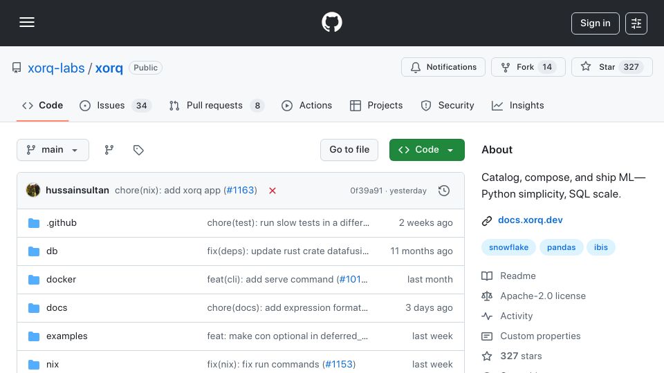 Screenshot of github.com: Show HN: Xorq – open compute catalog for AI