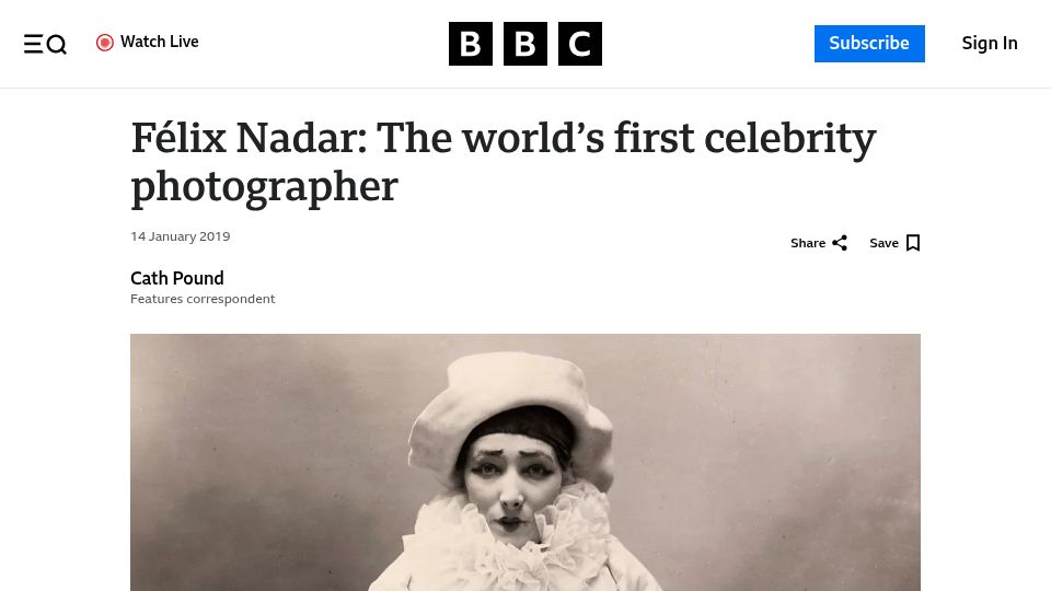 Screenshot of bbc.com: Félix Nadar: the first celebrity photographer (2019)