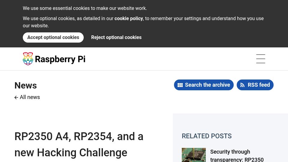 Screenshot of raspberrypi.com: RP2350 A4, RP2354, and a New Hacking Challenge