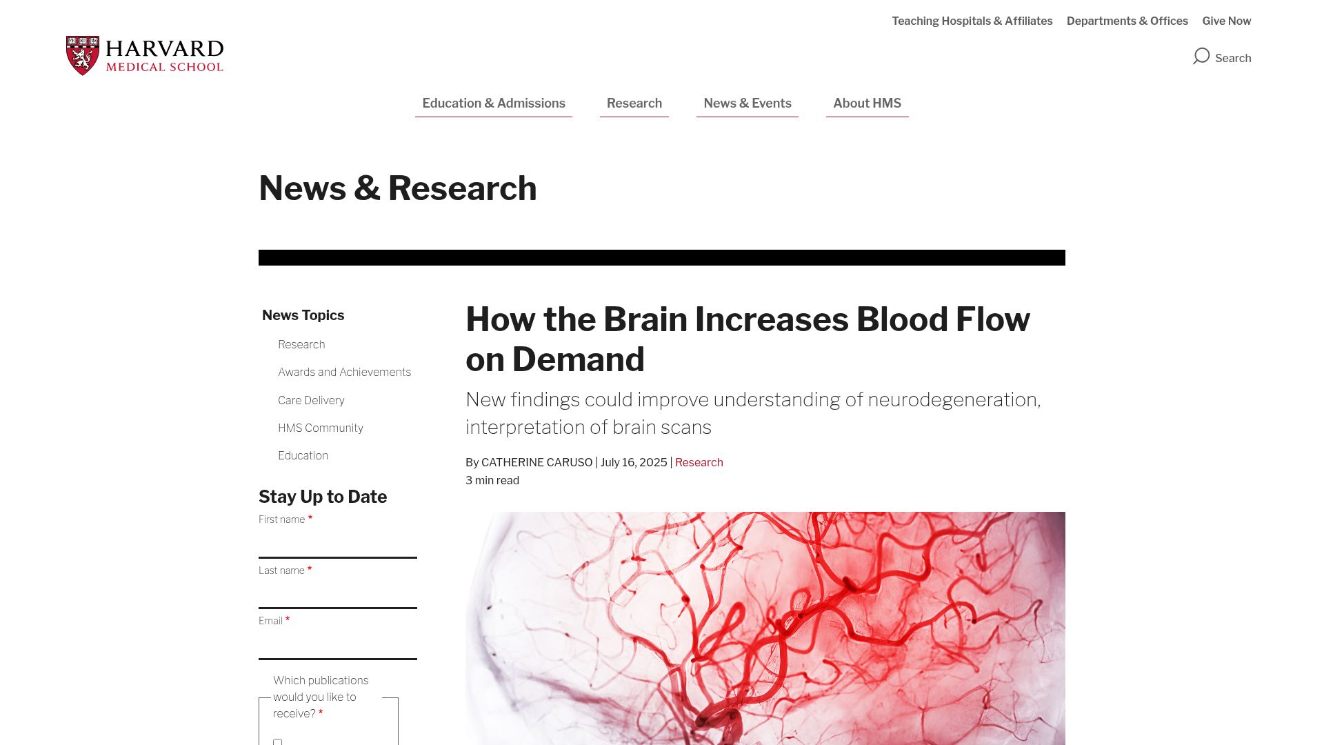 Screenshot of hms.harvard.edu: How the brain increases blood flow on demand