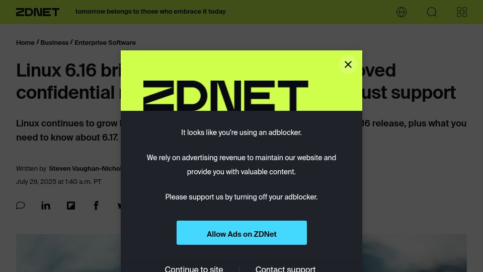 Screenshot of zdnet.com: Linux 6.16: faster file systems, improved confidential memory, more Rust support
