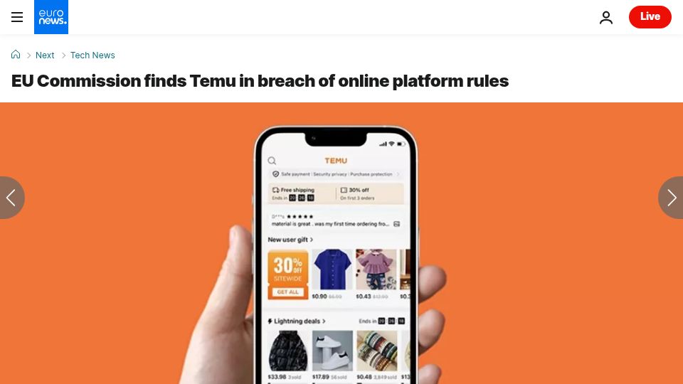 Screenshot of euronews.com: EU Commission finds Temu in breach of online platform rules