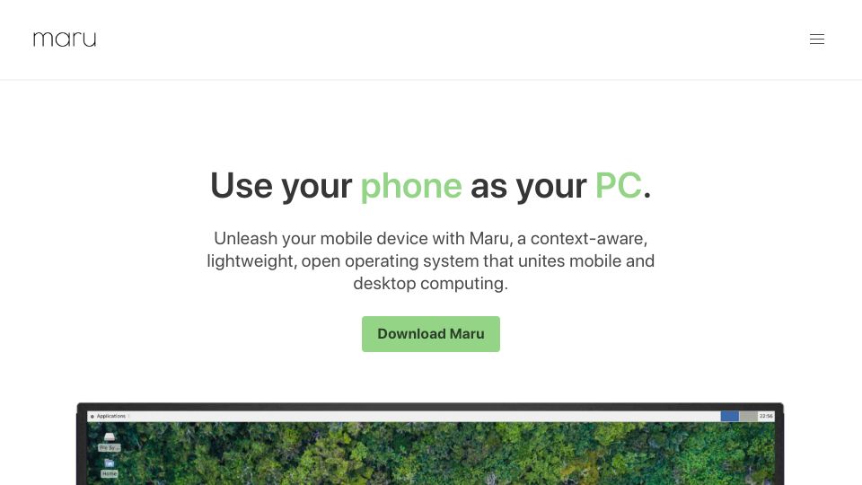 Screenshot of maruos.com: Maru OS – Use your phone as your PC