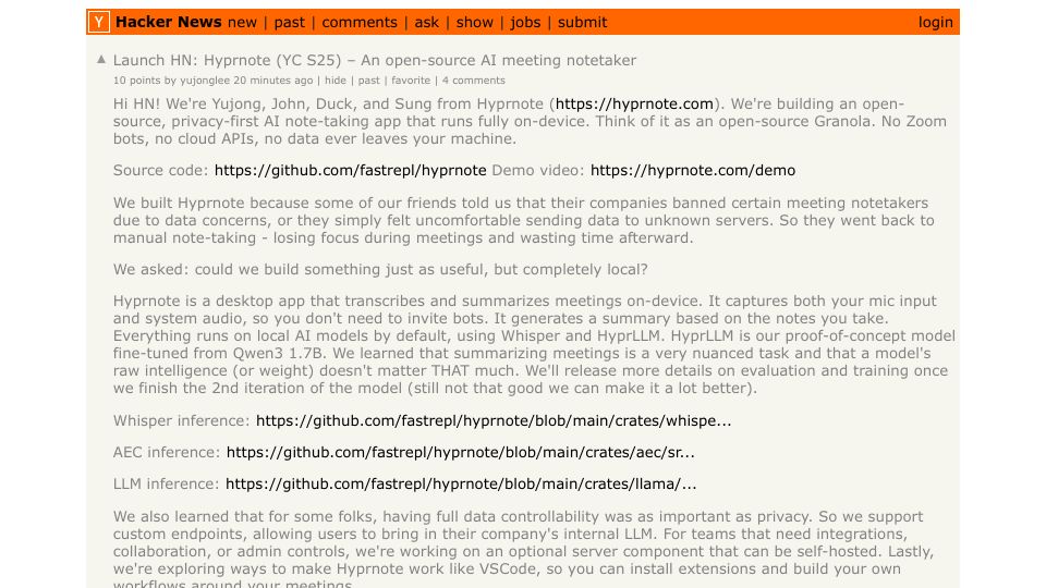 Screenshot of Hacker News post: Launch HN: Hyprnote (YC S25) – An open-source AI meeting notetaker