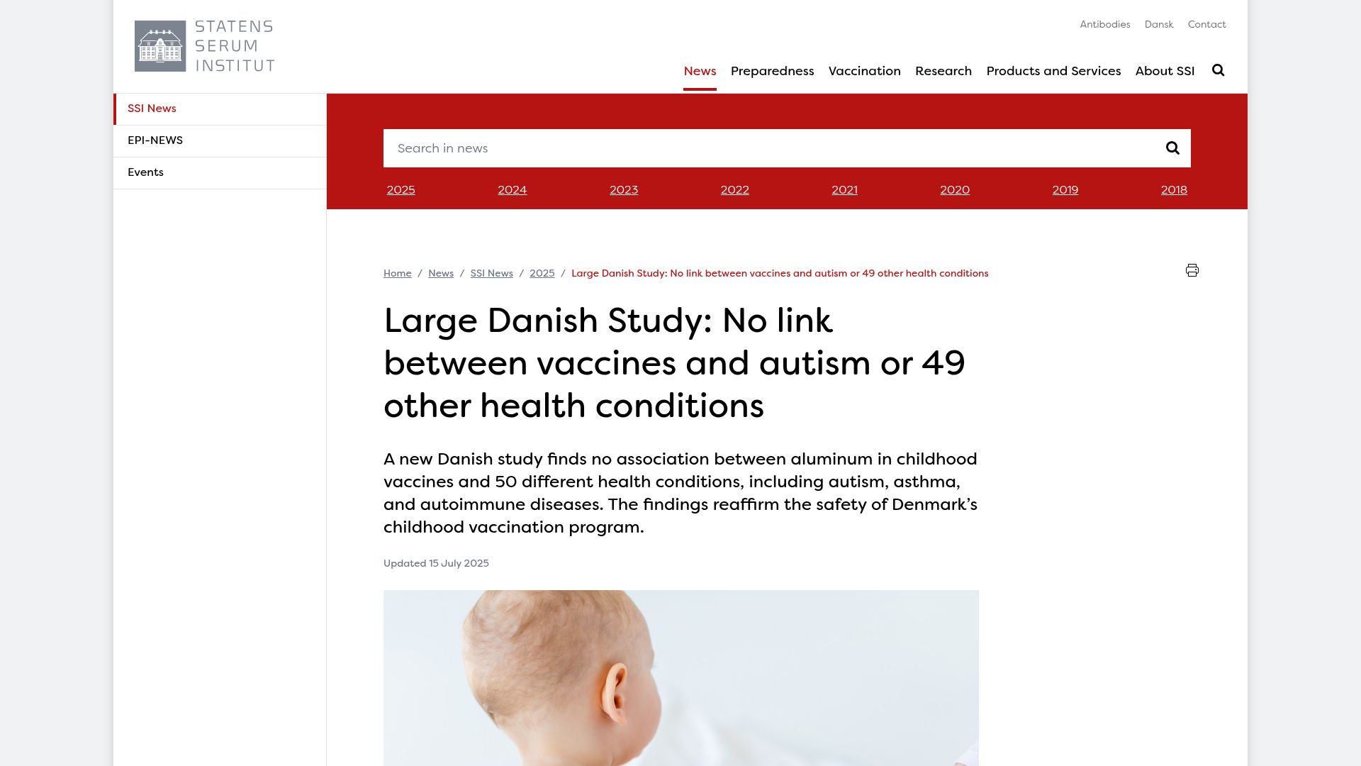Screenshot of en.ssi.dk: Danish Study: No link between vaccines and autism or 49 other health conditions