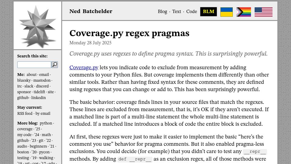 Screenshot of nedbatchelder.com: Coverage.py Regex Pragmas