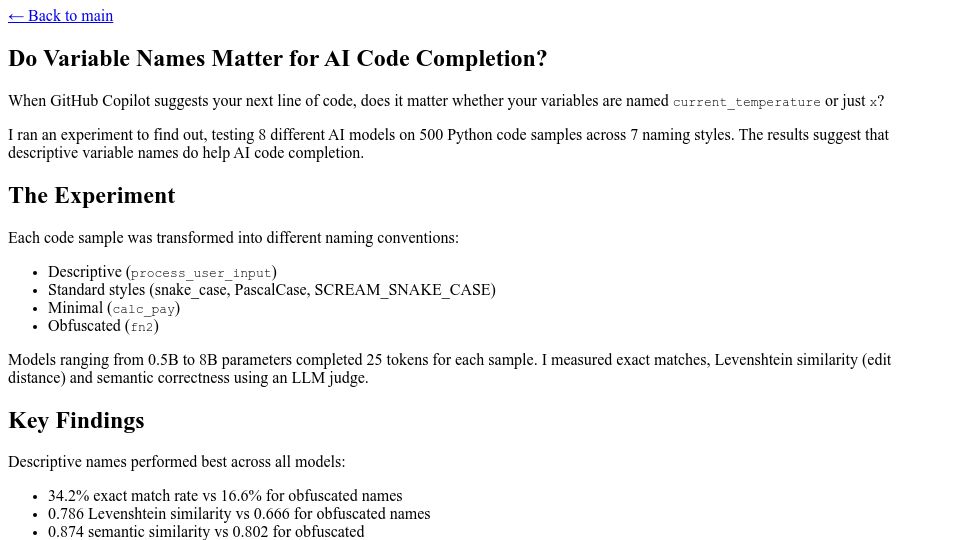 Screenshot of yakubov.org: Do variable names matter for AI code completion? (2025)