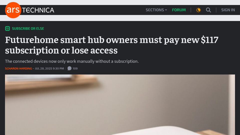 Screenshot of arstechnica.com: Futurehome smart hub owners must pay new $117 subscription or lose access