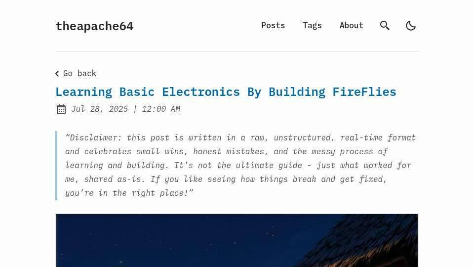 Screenshot of a64.in: Learning basic electronics by building fireflies