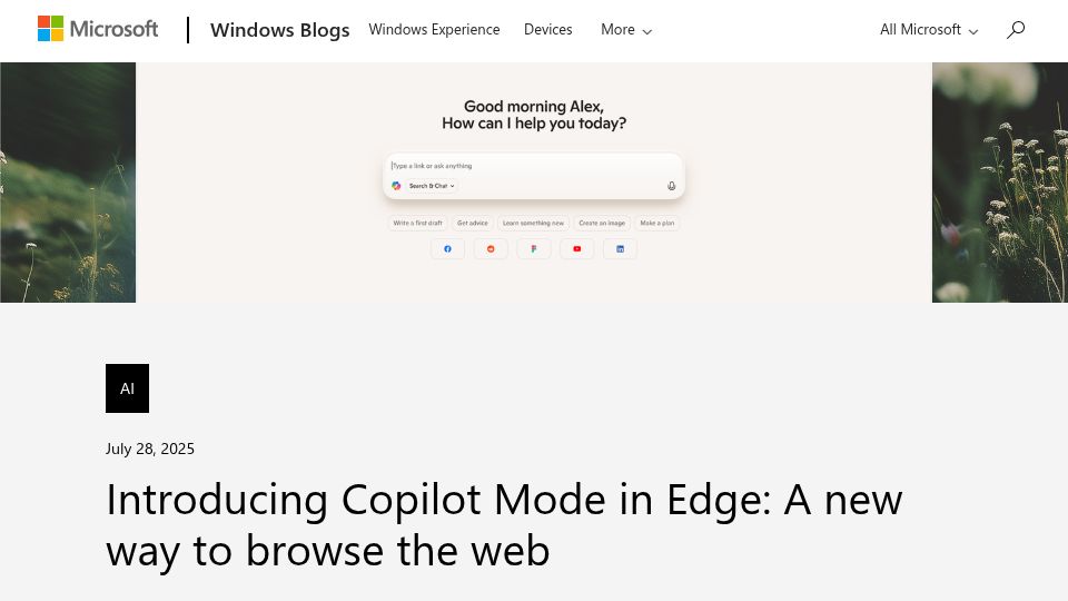 Screenshot of blogs.windows.com: Microsoft Introduces 'Copilot Mode' in Edge