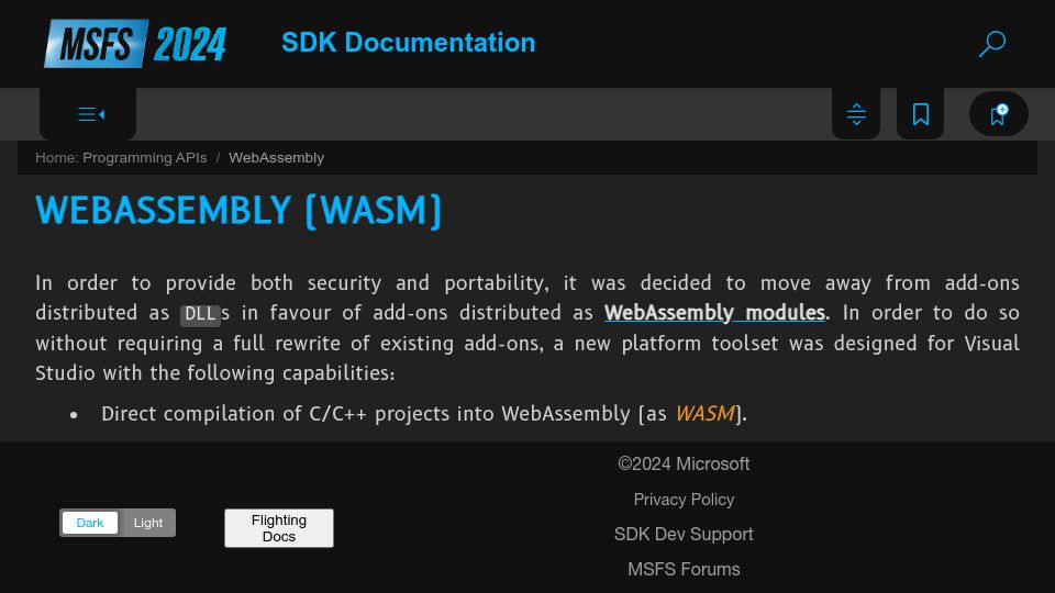 Screenshot of docs.flightsimulator.com: Microsoft Flight Simulator 2024: WebAssembly SDK