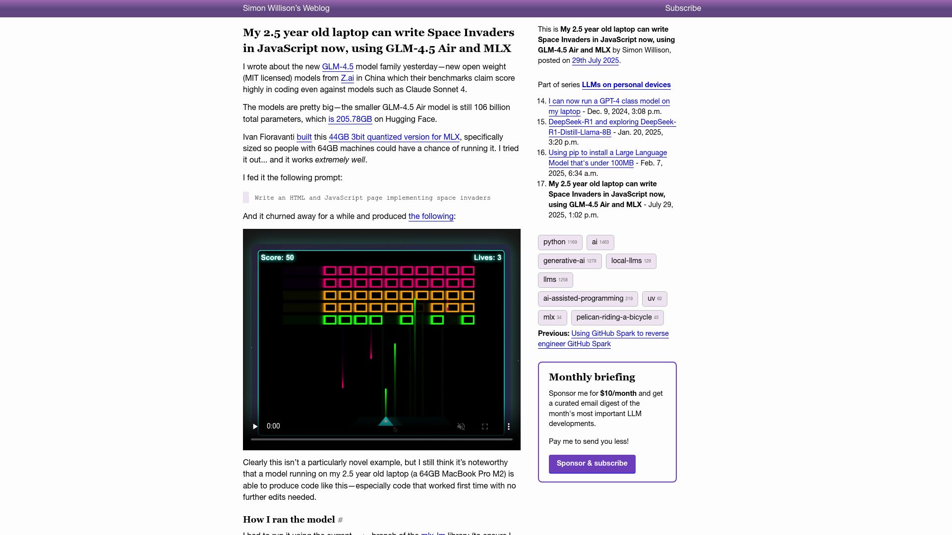 Screenshot of simonwillison.net: My 2.5 year old laptop can write Space Invaders in JavaScript now (GLM-4.5 Air)