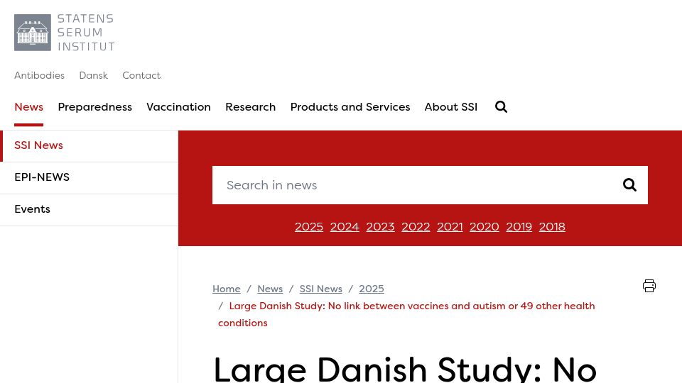 Screenshot of en.ssi.dk: Danish Study: No link between vaccines and autism or 49 other health conditions