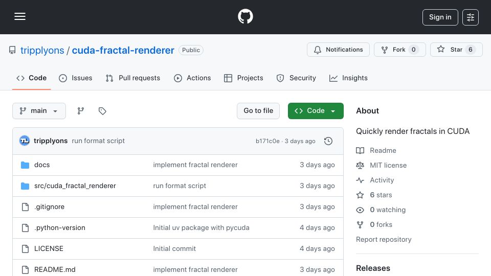 Screenshot of github.com: Show HN: CUDA Fractal Renderer